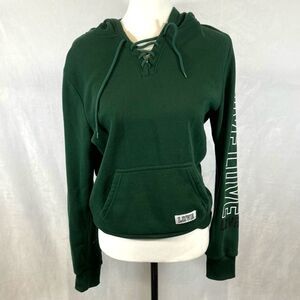 Green lace up front love print hooded sweatshirt size small